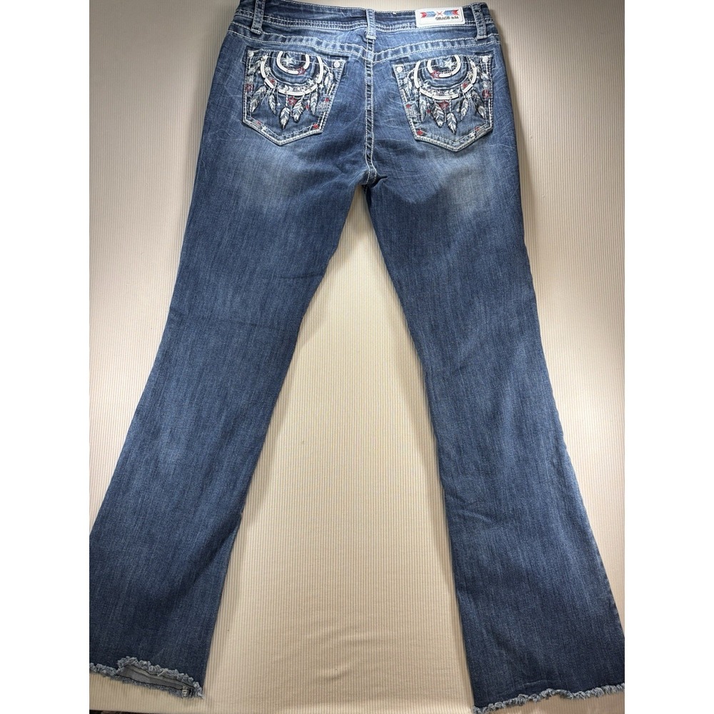 Grace in LA Embellished Patriotic Feather Pocket Jeans 32 Bootcut Y2K Raw Hem - Picture 8 of 16